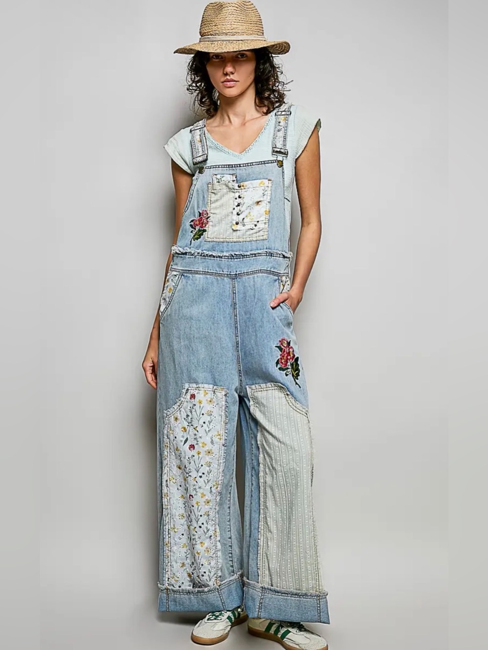 NEW POL Overalls Oversized Patchwork Washed Embroidered Denim